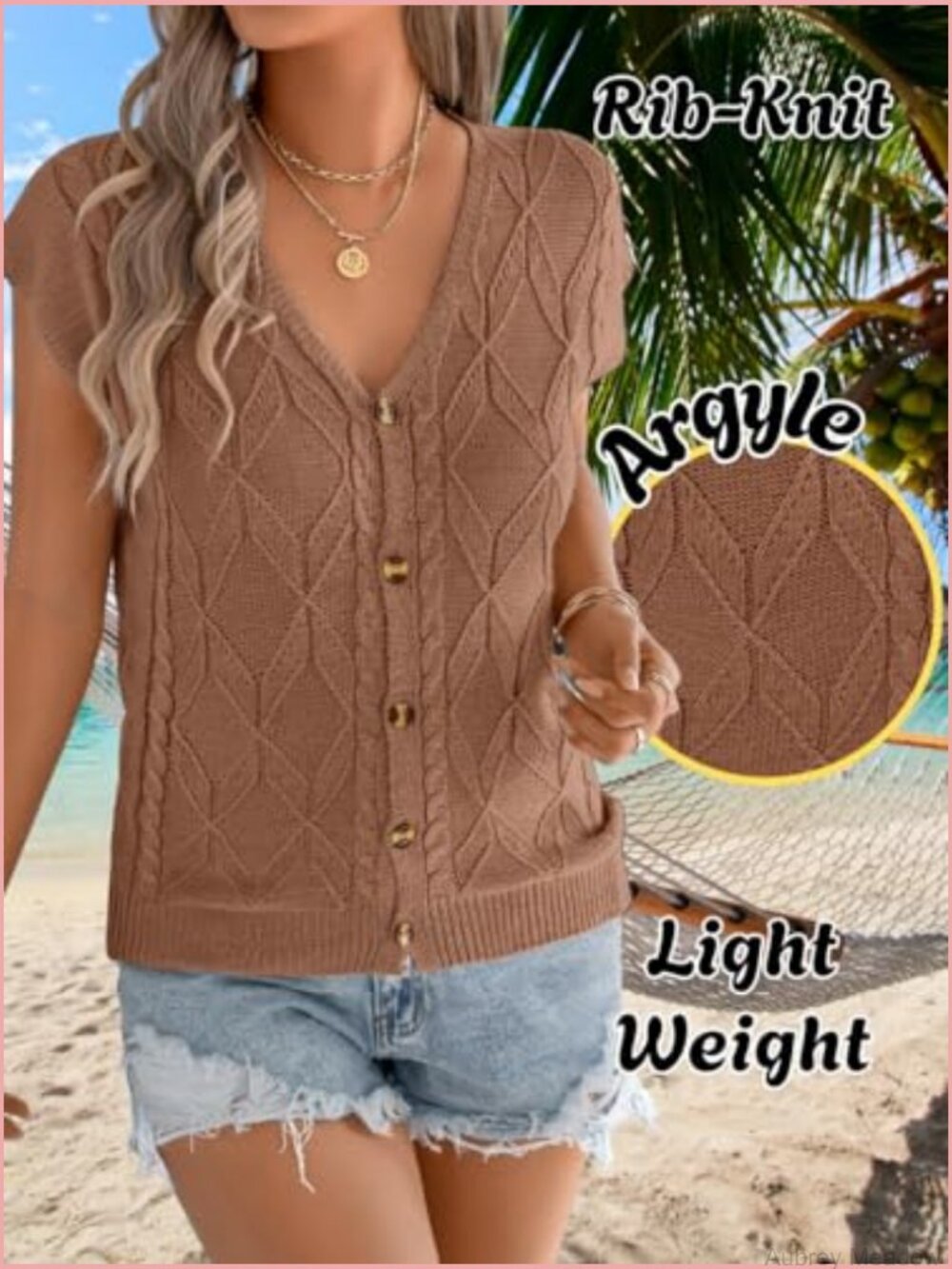 Cap Sleeve V Neck Sweater Vest, Cable Knit Button Down Cardigan, Lightweight - Picture 5 of 7